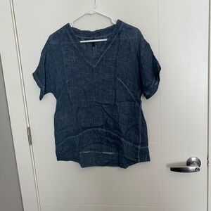 Casual Blue linen V-Neck Top
